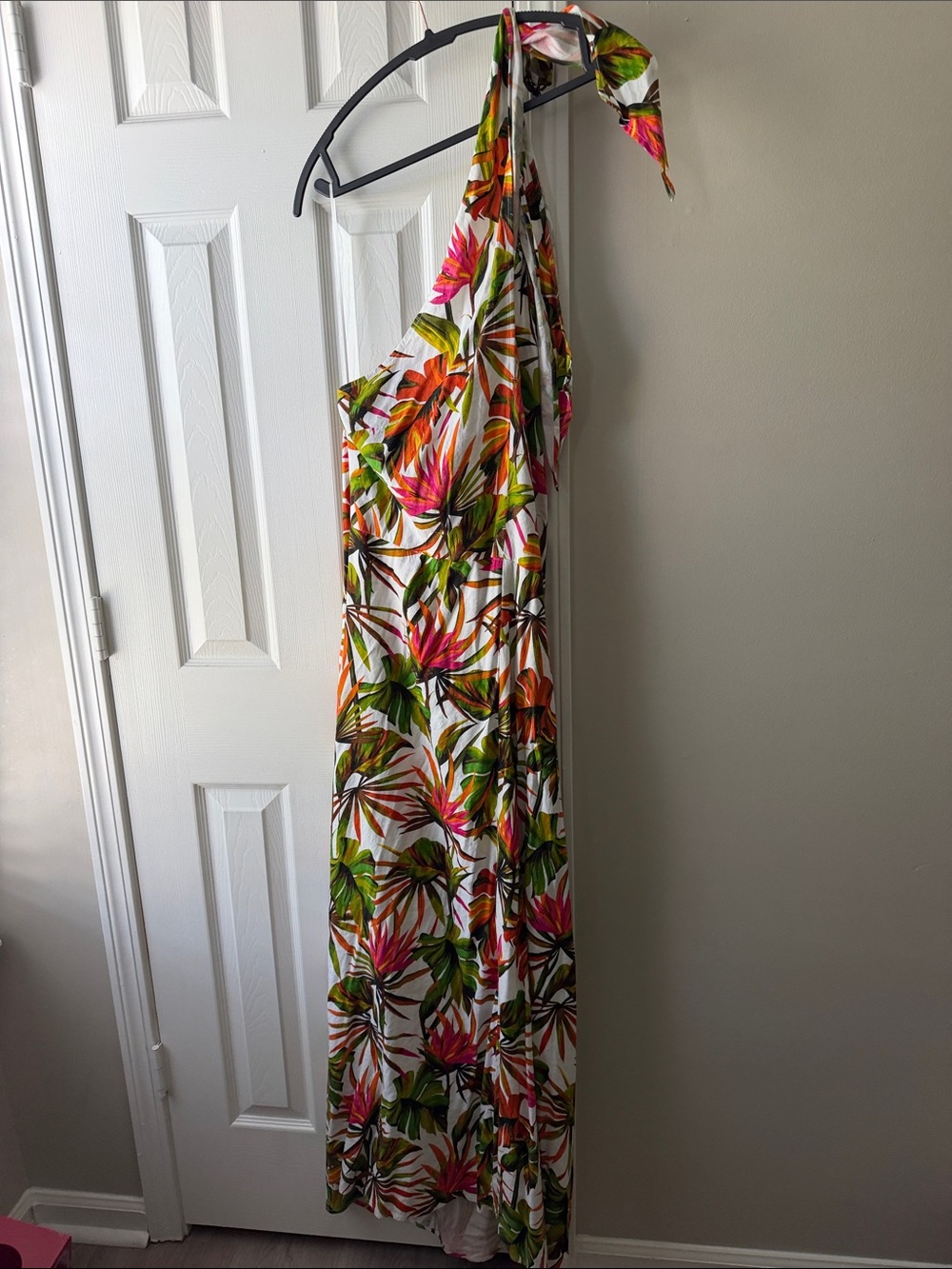 Women's Tropical Halter Maxi Dress - White with Pink & Green Floral linen
